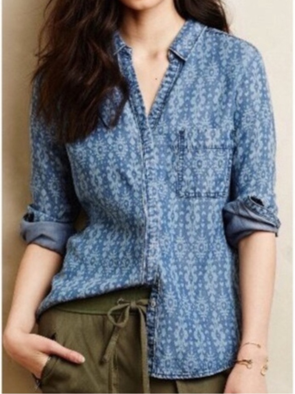 Anthropologie Holding Horses Lyocell Chambray Denim Ikat Button Down Shirt Sz 12